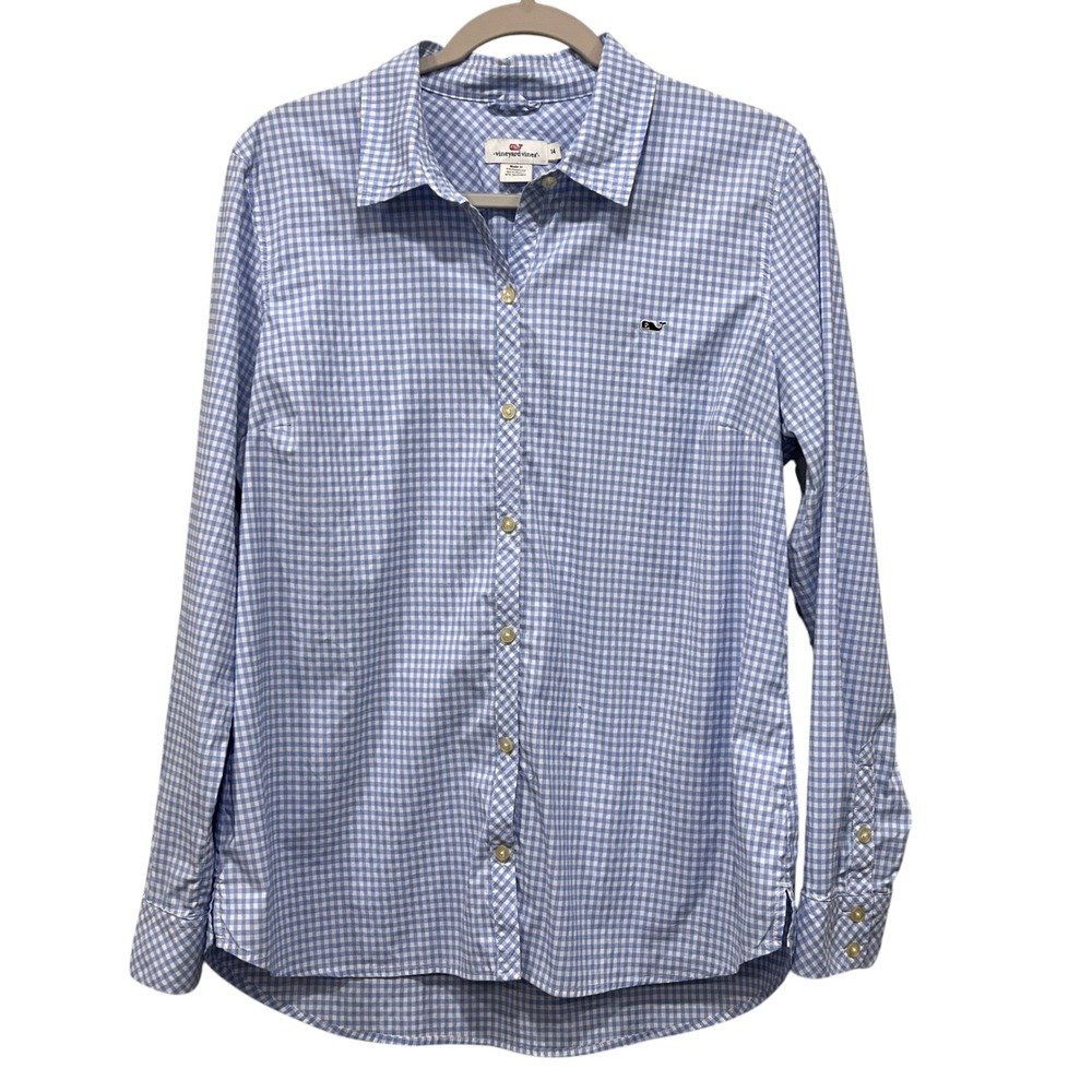 Vineyard Vines Womens Blue Gingham Logo Button Down Shirt Size 14 Casual Preppy